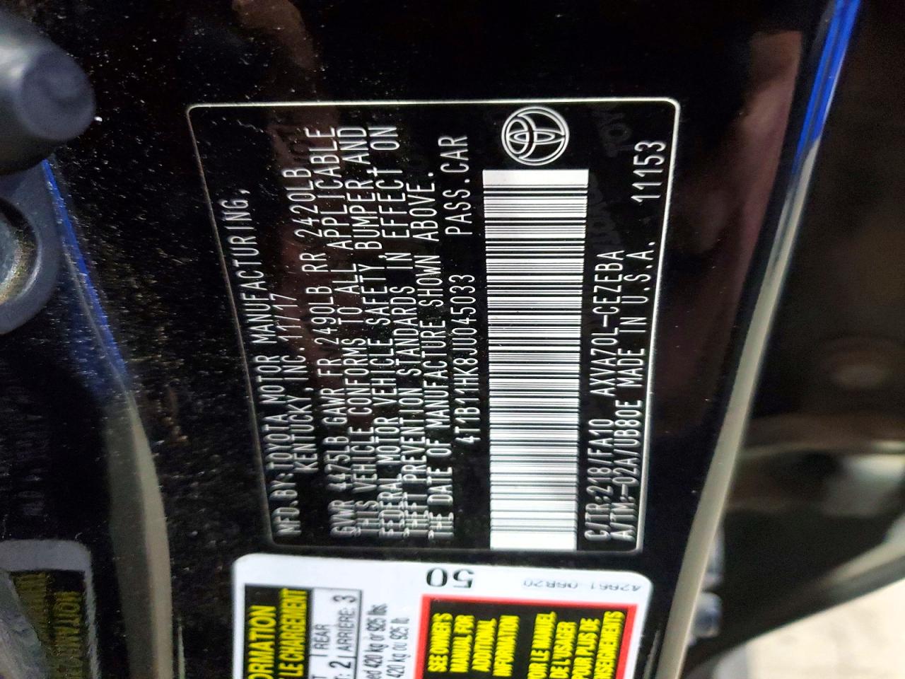 2018 TOYOTA CAMRY L photo 12