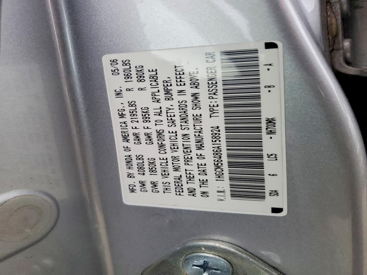 2006 HONDA ACCORD LX photo 12