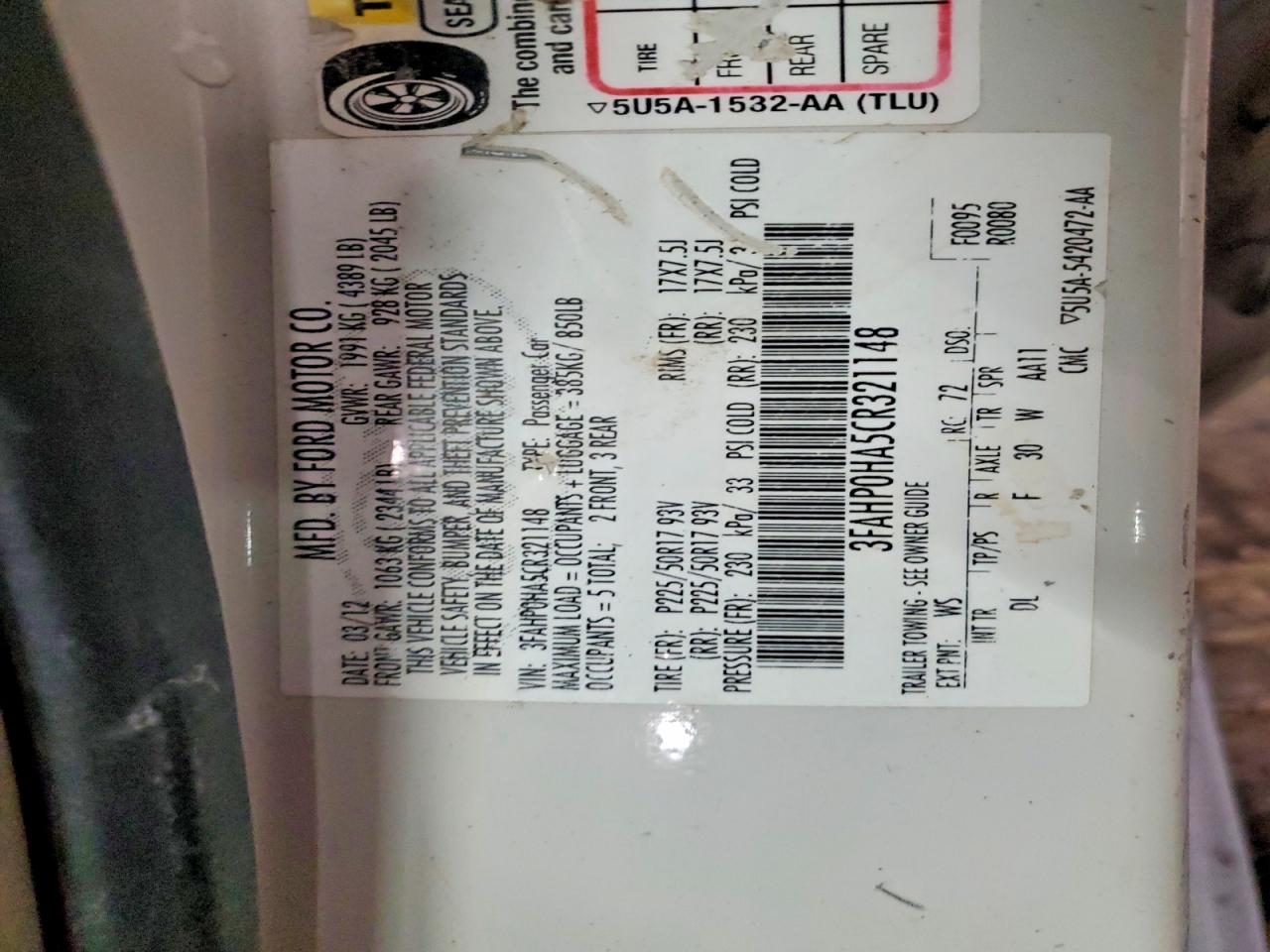 2012 FORD FUSION photo 12