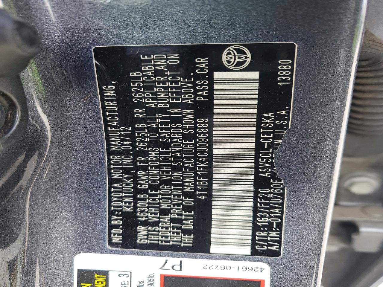 2012 TOYOTA CAMRY BASE photo 12