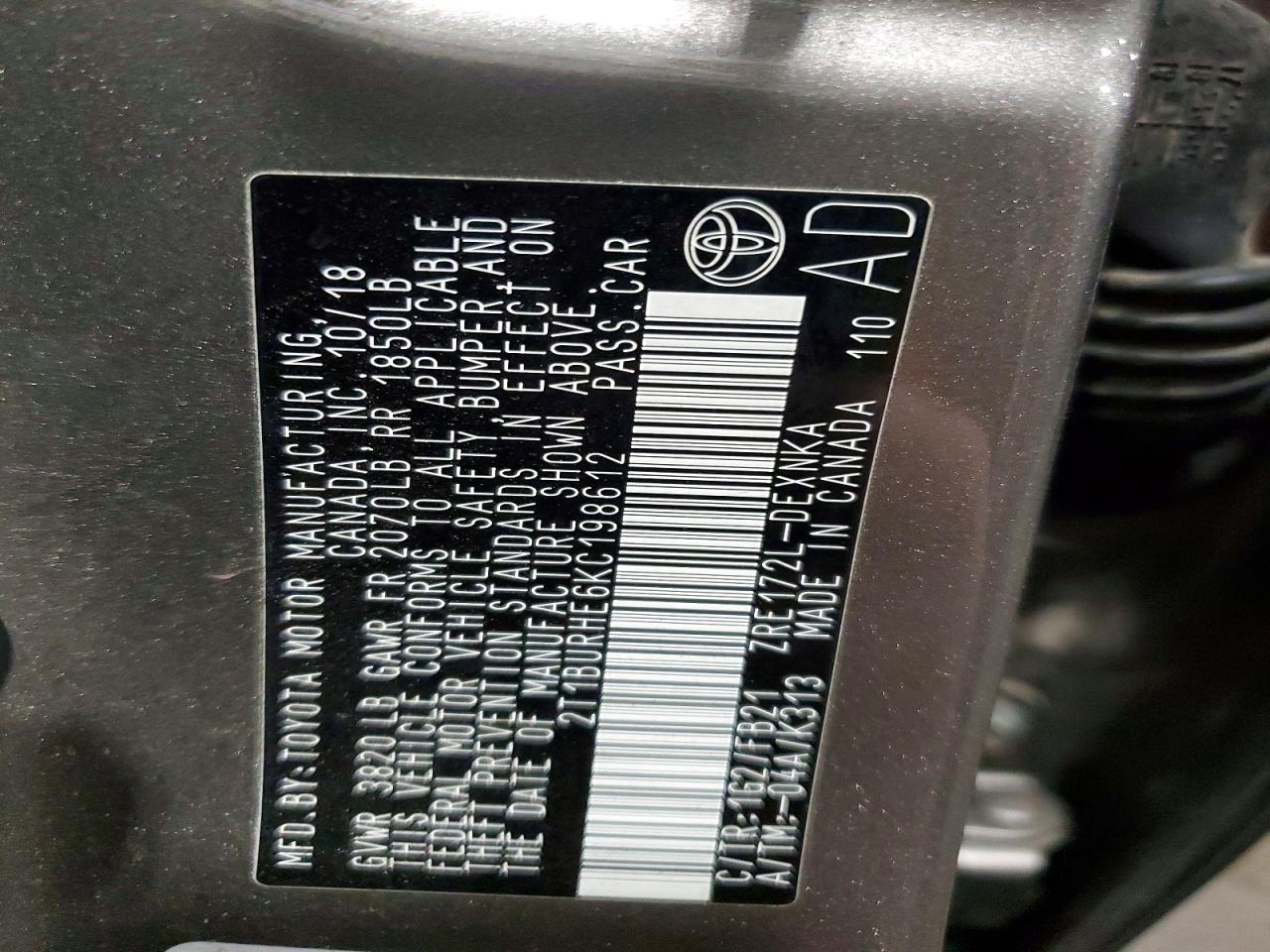 2019 TOYOTA COROLLA L photo 12