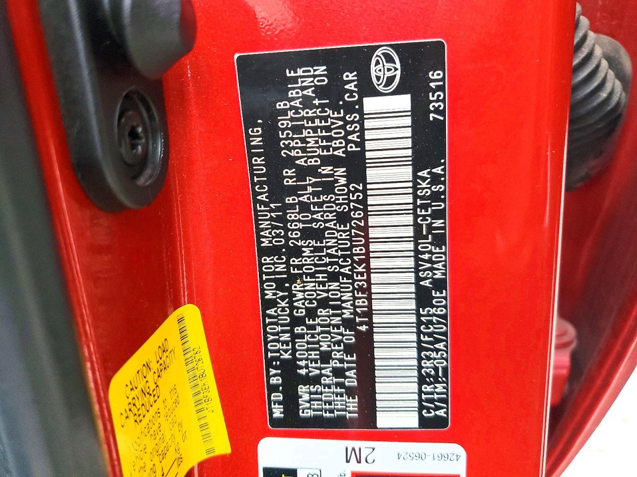 2011 TOYOTA CAMRY BASE photo 12