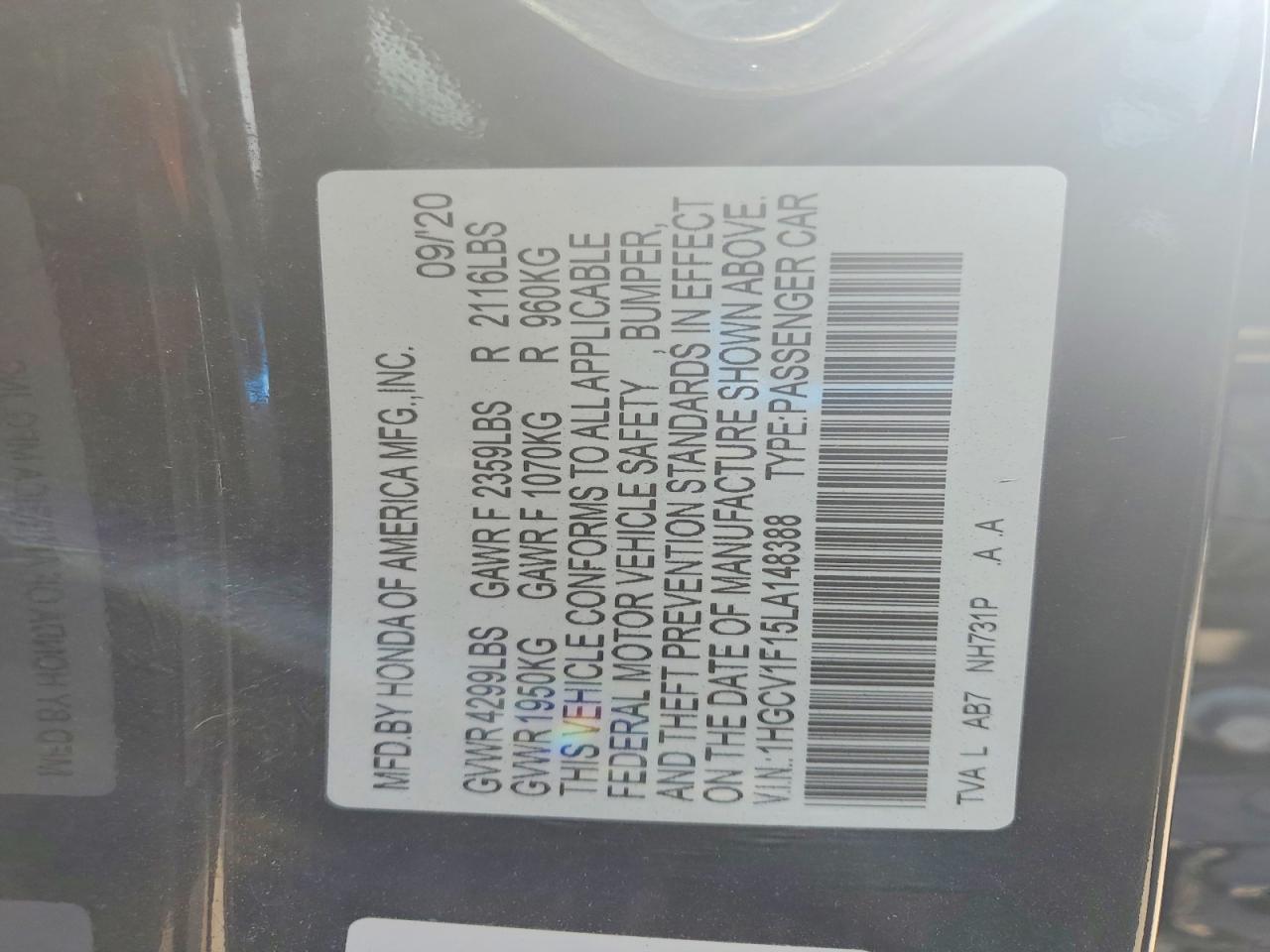 2020 HONDA ACCORD LX photo 13