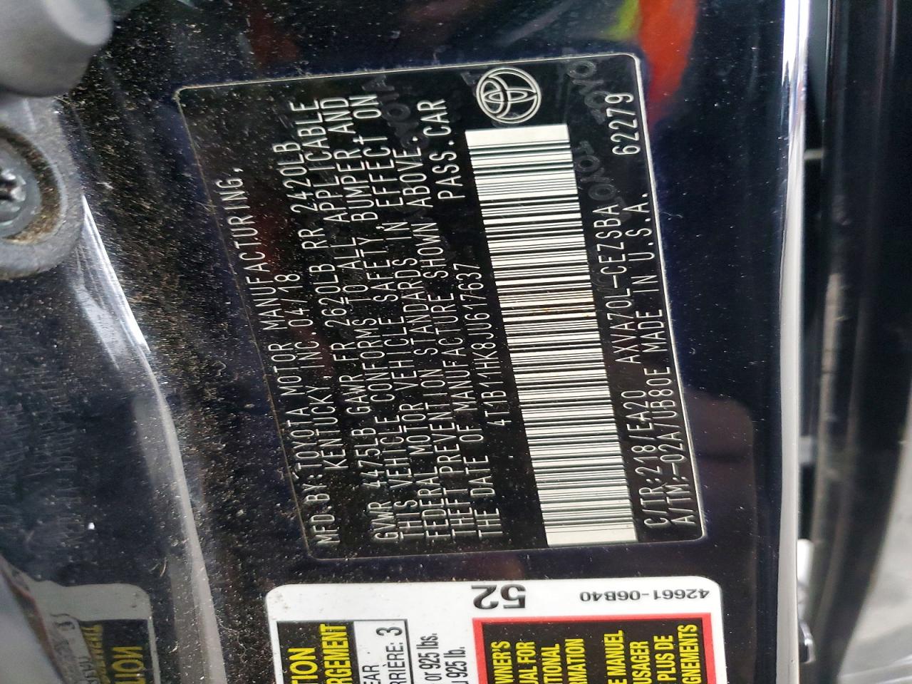 2018 TOYOTA CAMRY L photo 12