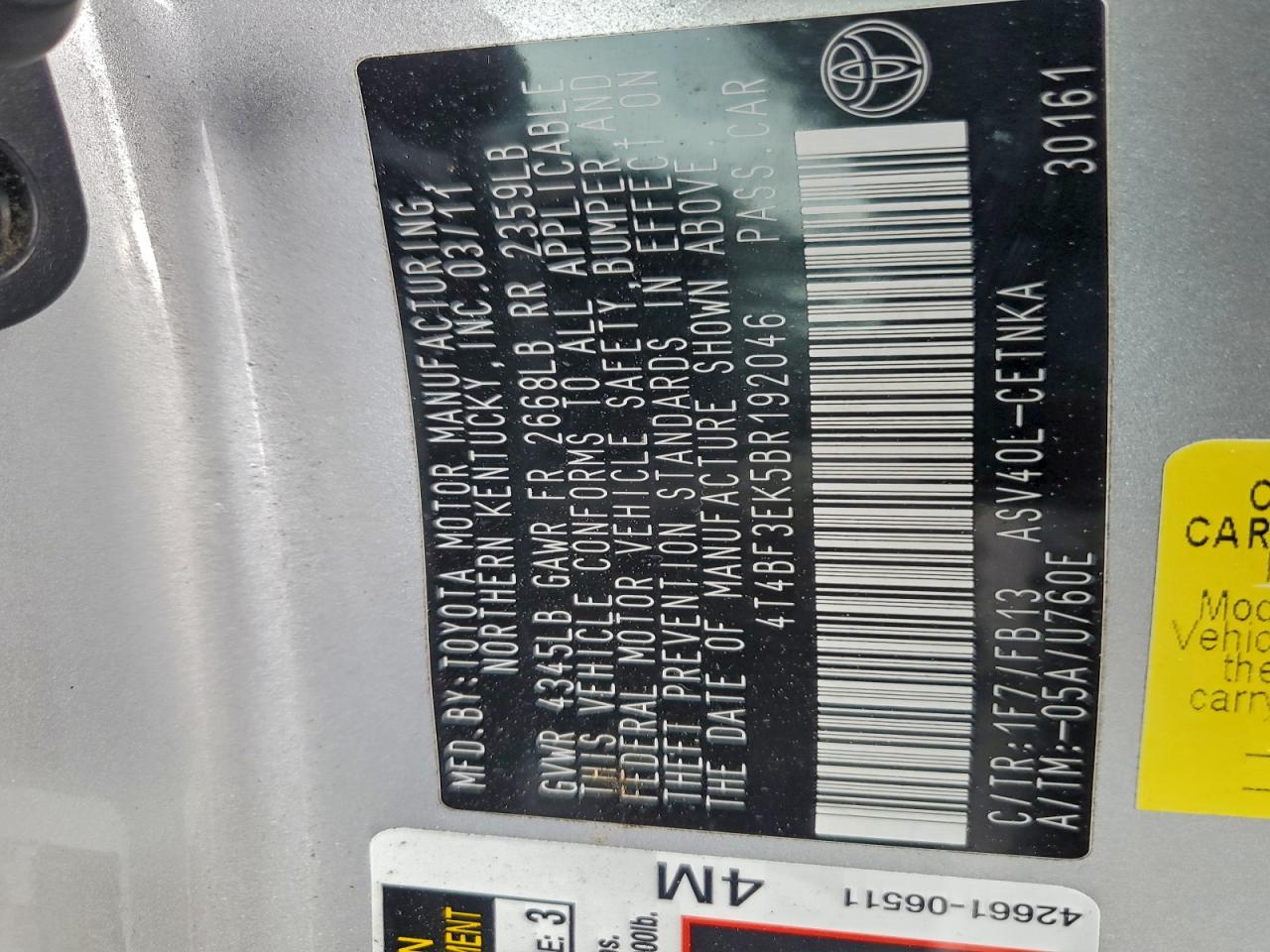 2011 TOYOTA CAMRY BASE photo 12