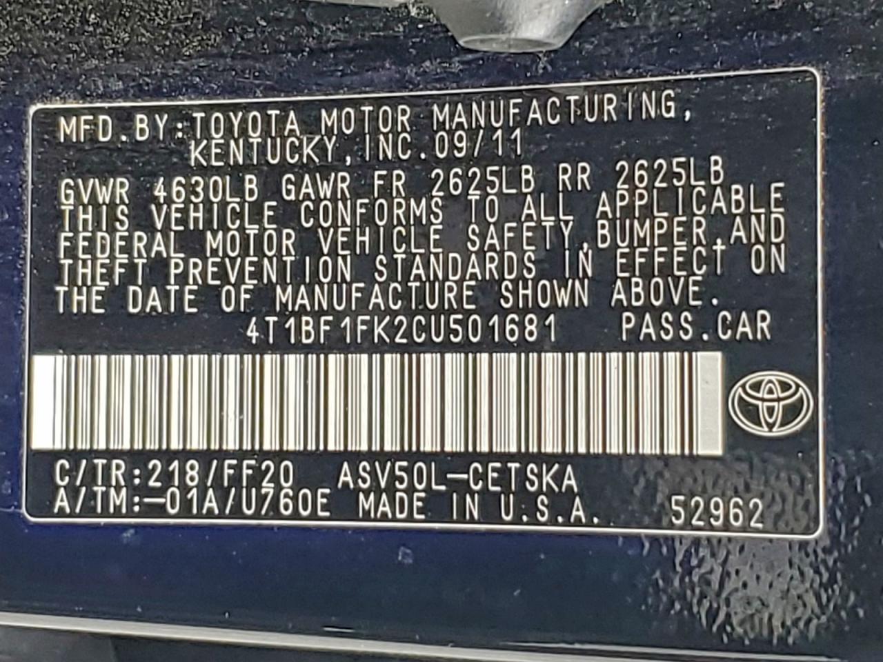 2012 TOYOTA CAMRY BASE photo 12
