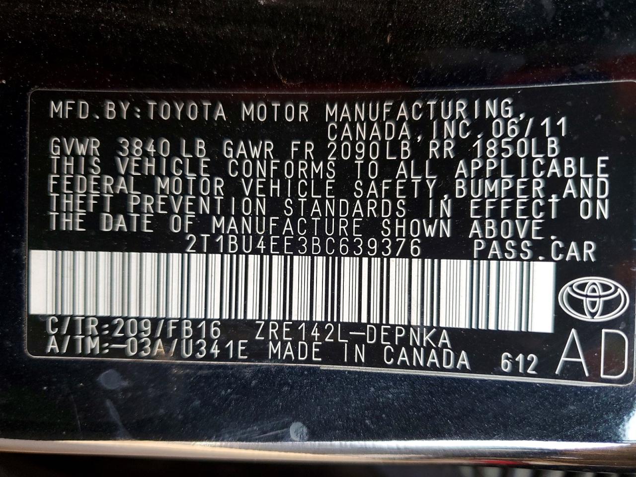 2011 TOYOTA COROLLA BASE photo 12