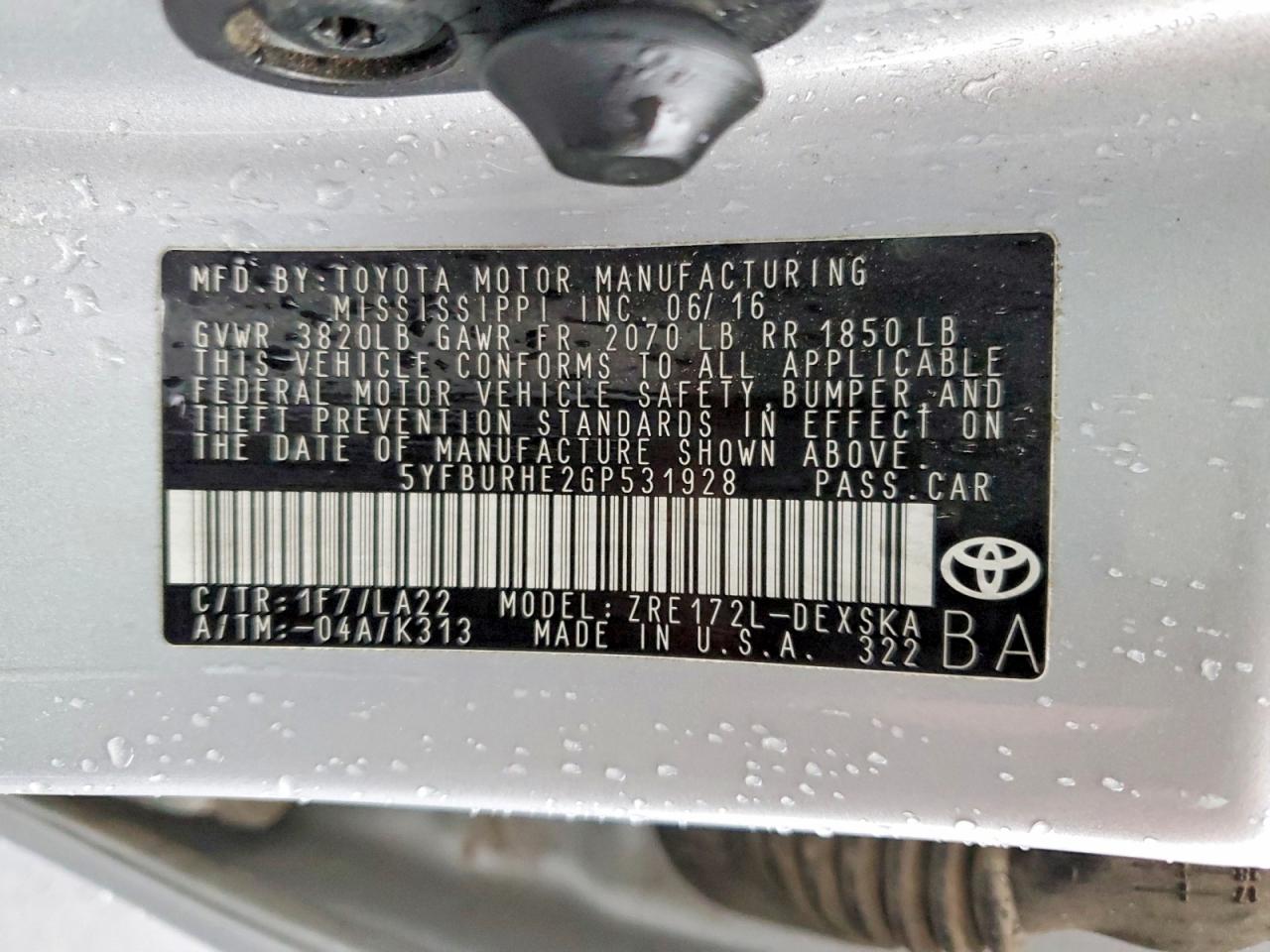 2016 TOYOTA COROLLA L photo 12