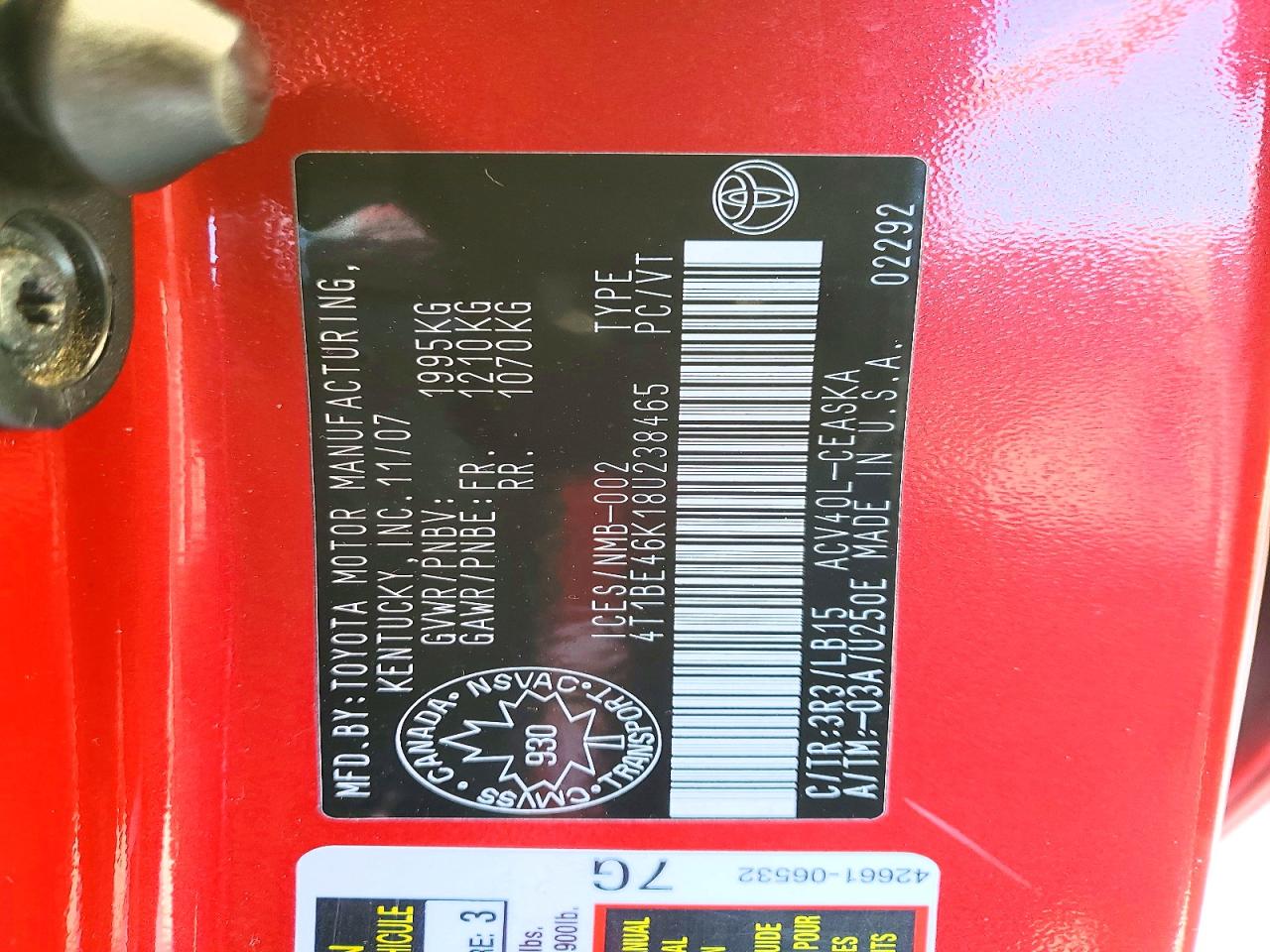 2008 TOYOTA CAMRY photo 12