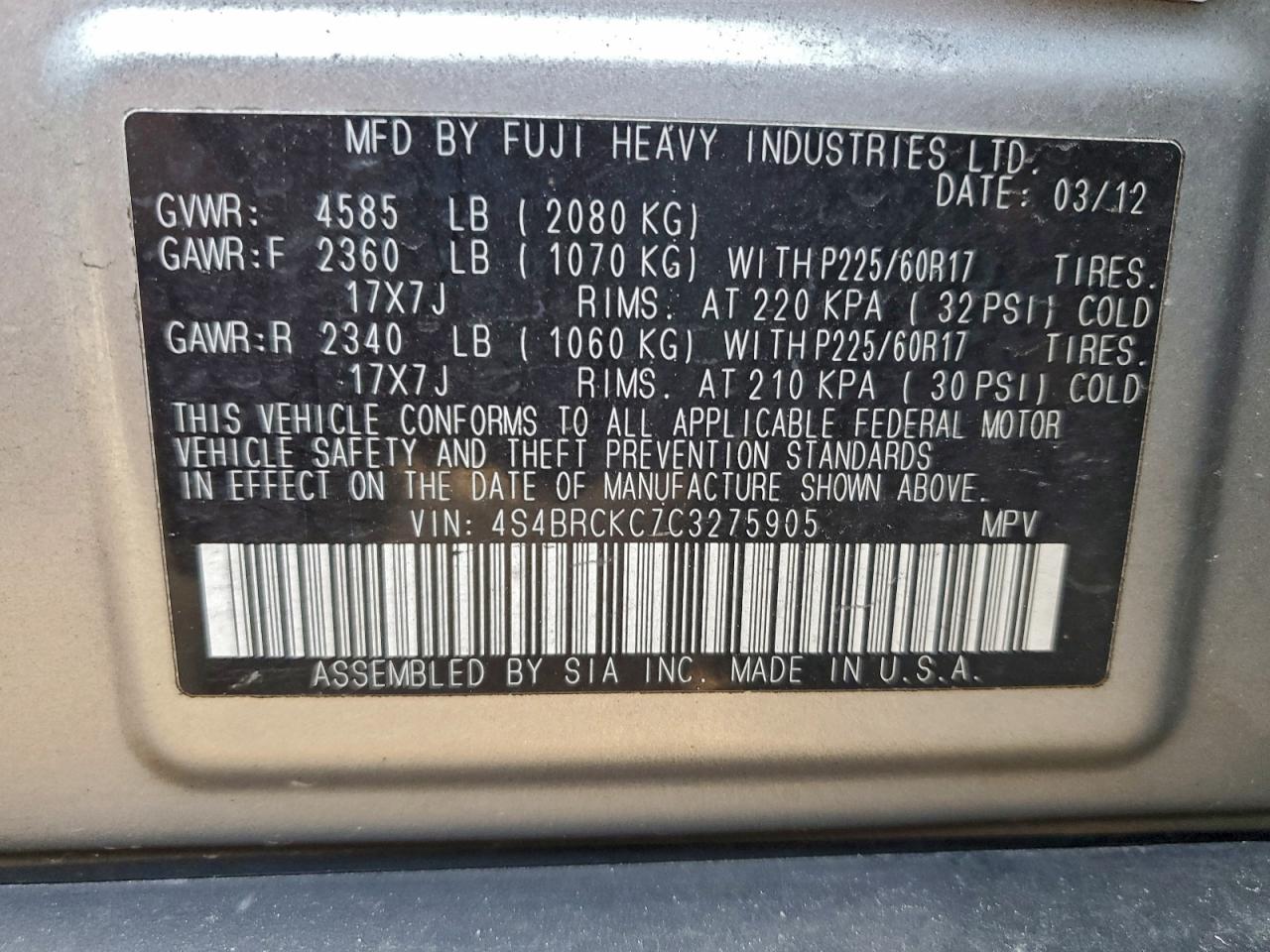 2012 SUBARU OUTBACK 2.5I LIMITED photo 34
