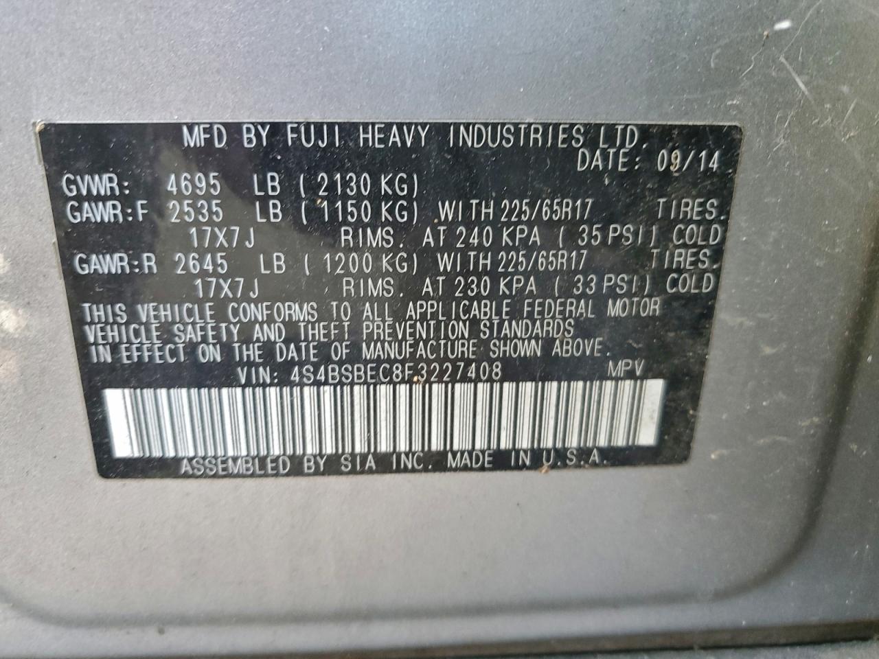 2015 SUBARU OUTBACK 2.5I PREMIUM photo 13