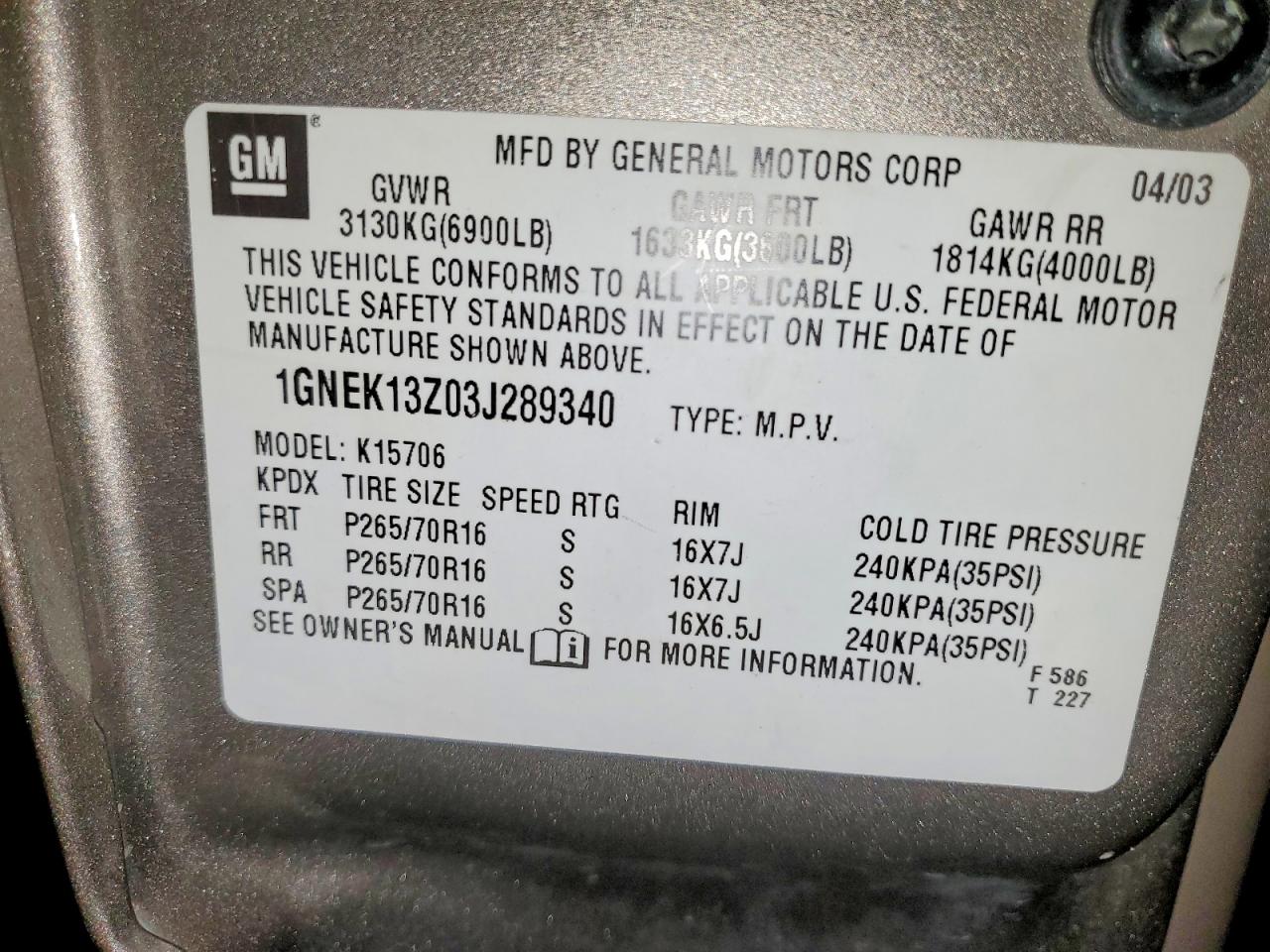 2003 CHEVROLET TAHOE K1500 photo 13