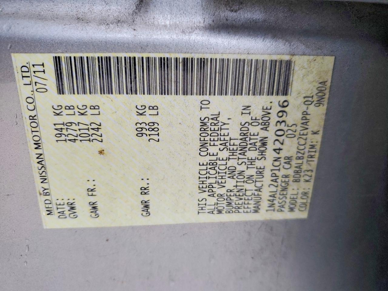 2012 NISSAN ALTIMA BASE photo 12