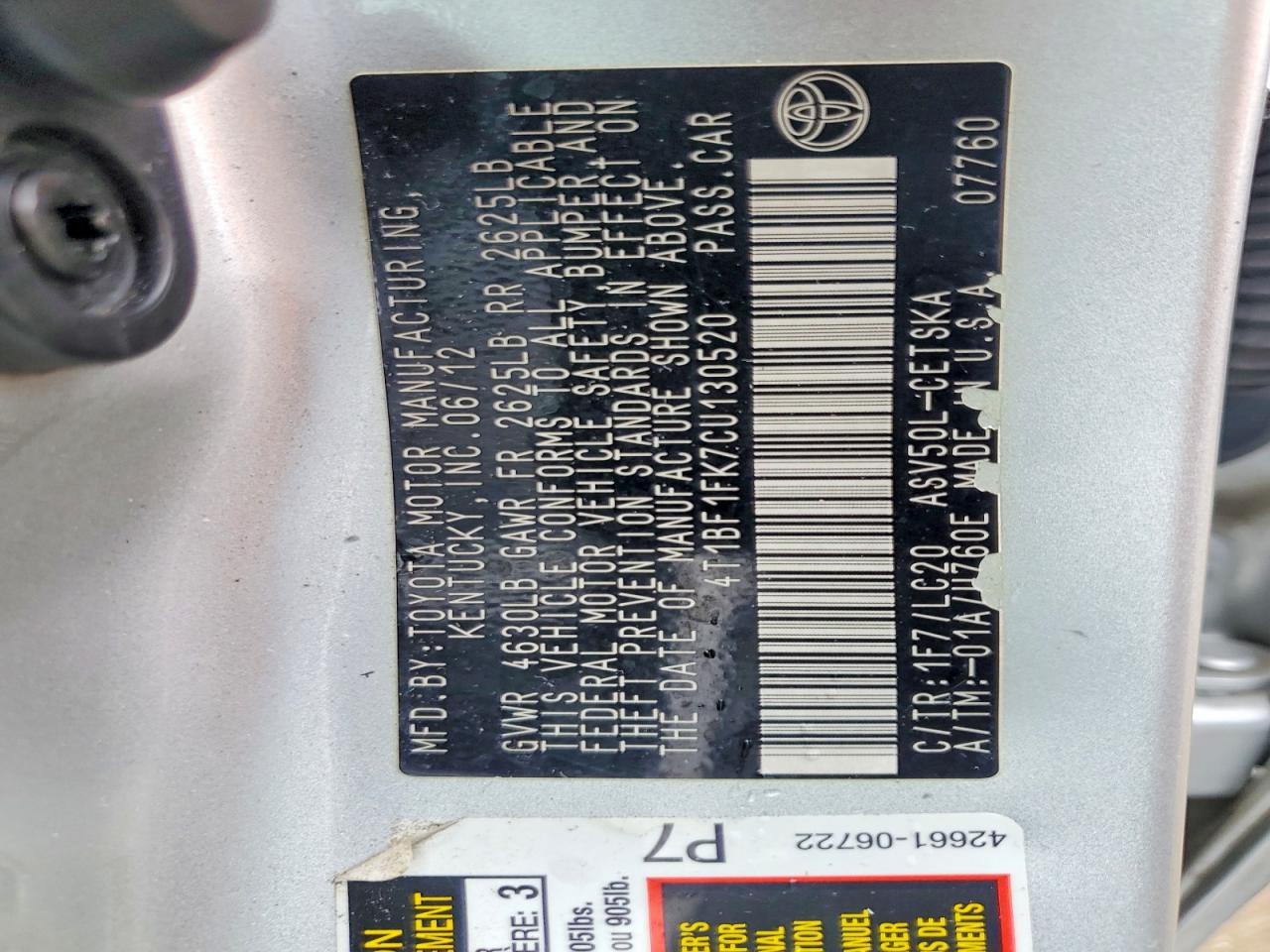 2012 TOYOTA CAMRY BASE photo 12