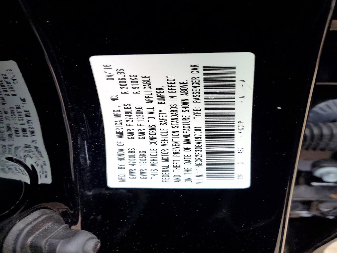 2016 HONDA ACCORD LX photo 12