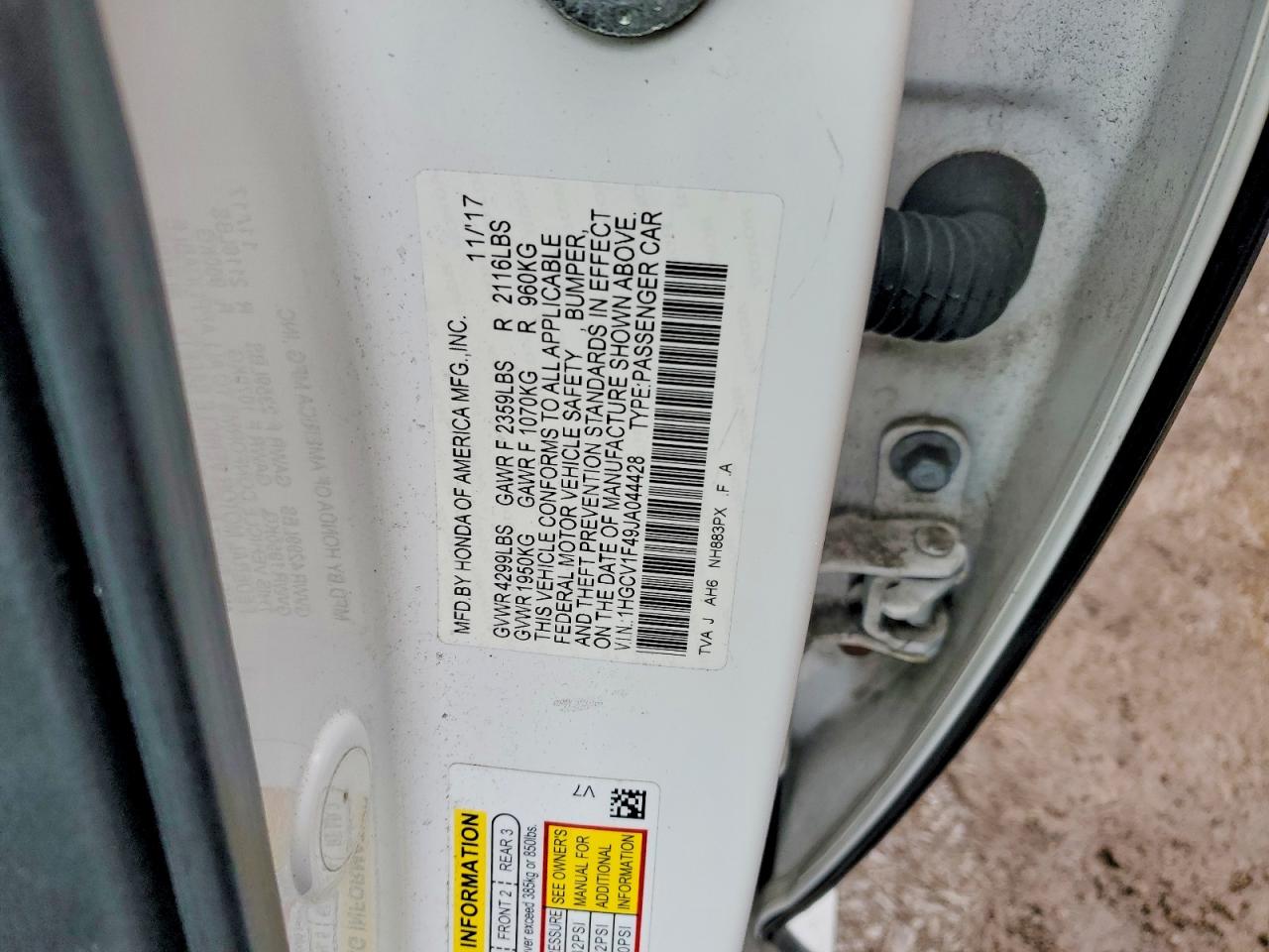 2018 HONDA ACCORD EX photo 12