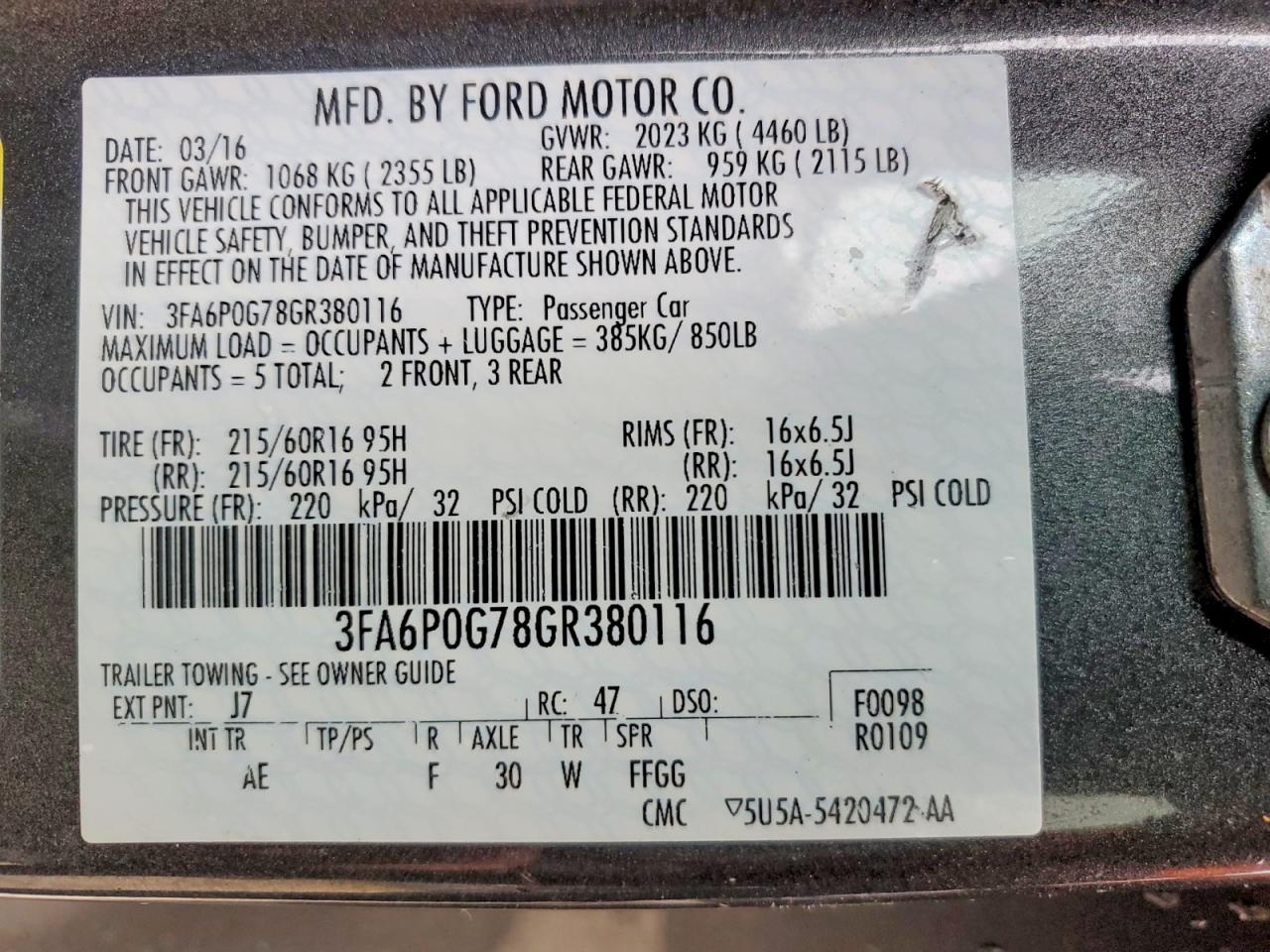 2016 FORD FUSION S photo 12