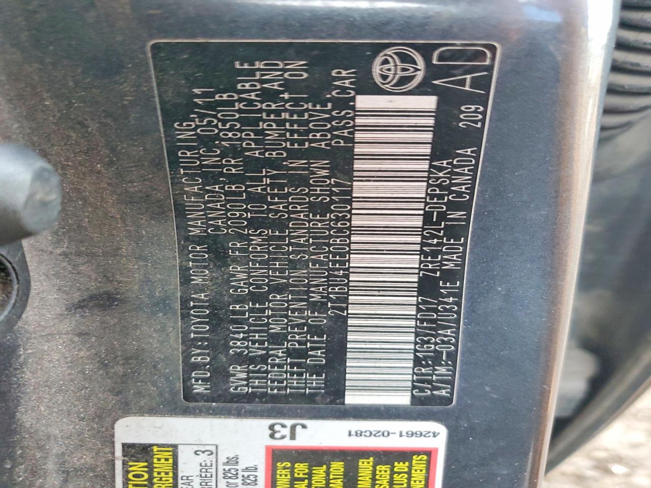 2011 TOYOTA COROLLA BASE photo 12