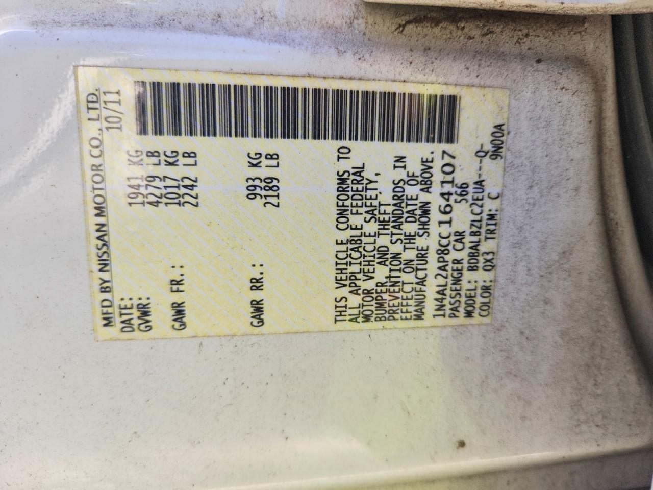 2012 NISSAN ALTIMA BASE photo 12
