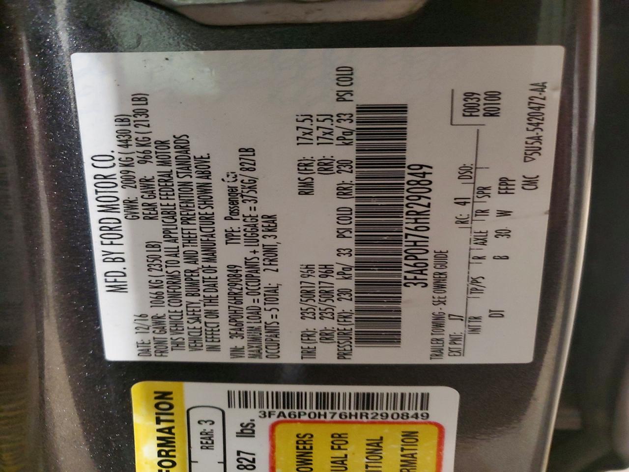 2017 FORD FUSION SE photo 13