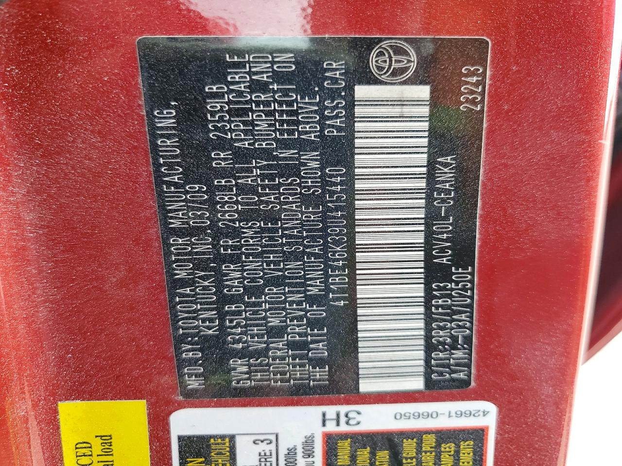 2009 TOYOTA CAMRY BASE photo 12