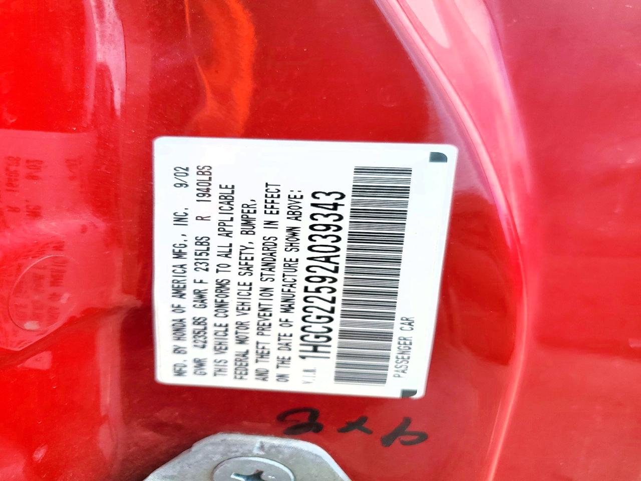 2002 HONDA ACCORD EX photo 12