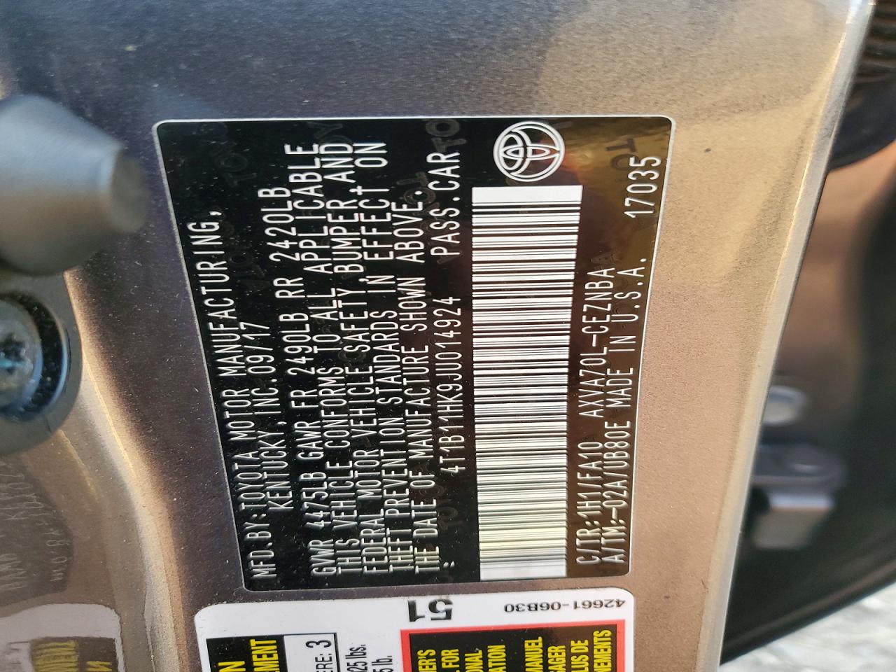 2018 TOYOTA CAMRY L photo 12