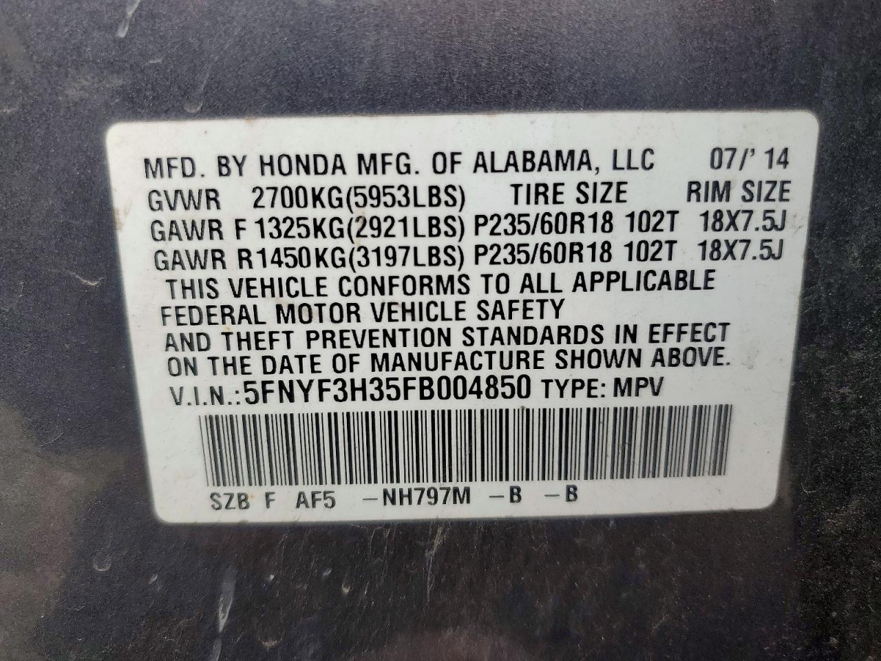 2015 HONDA PILOT SE photo 14