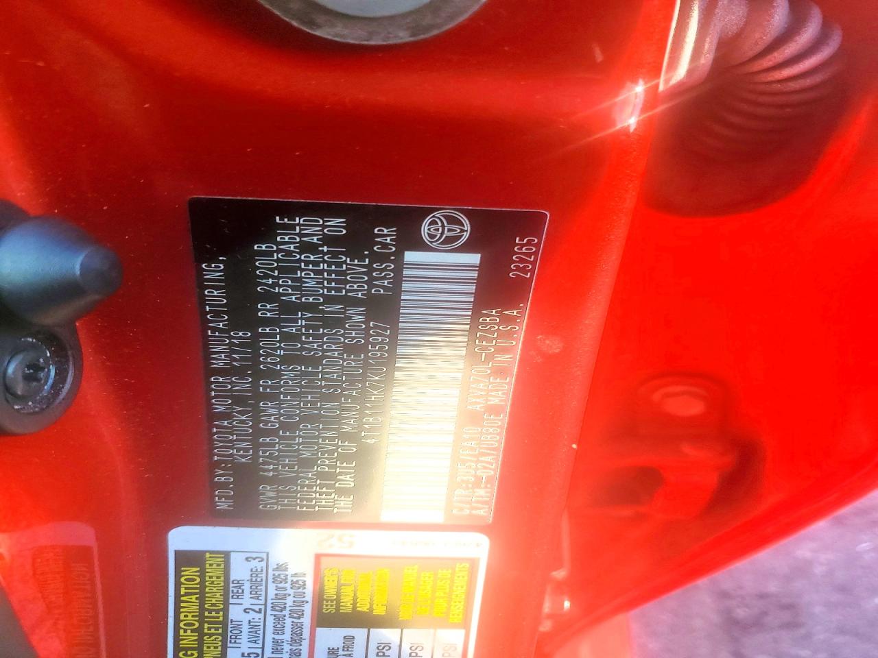 2019 TOYOTA CAMRY L photo 12