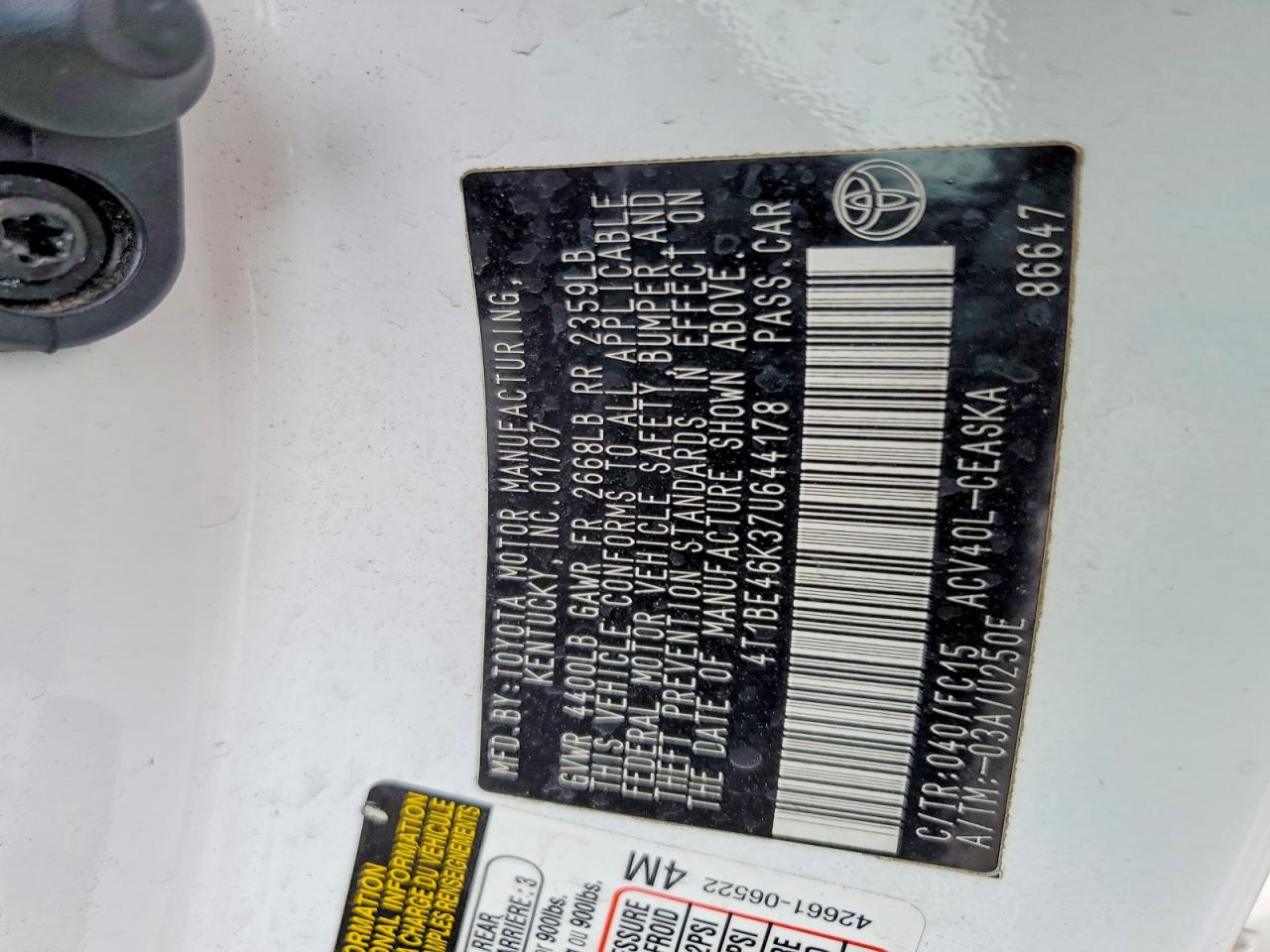 2007 TOYOTA CAMRY CE photo 12