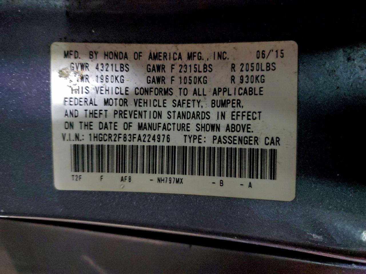 2015 HONDA ACCORD EXL photo 12