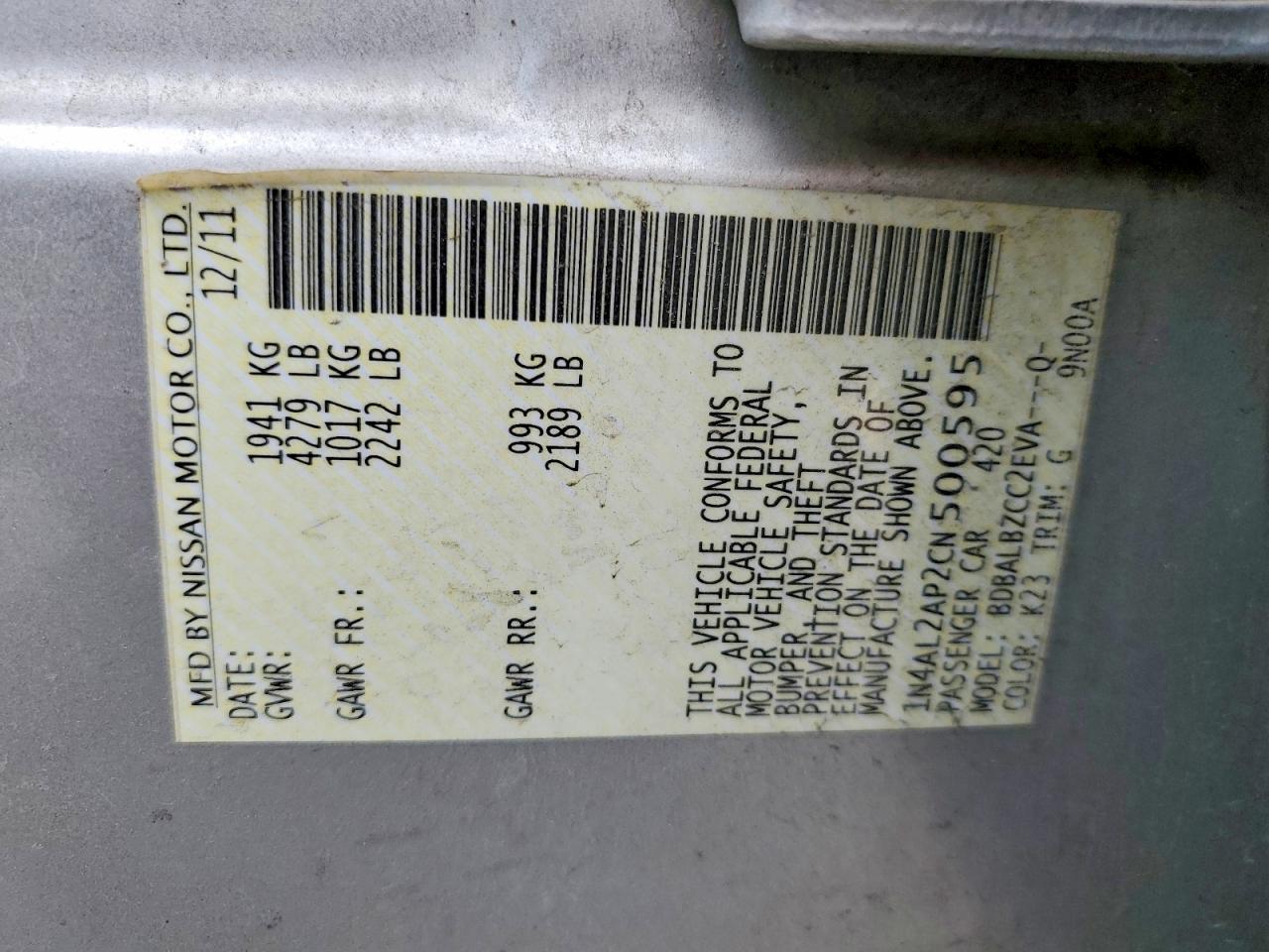 2012 NISSAN ALTIMA BASE photo 13