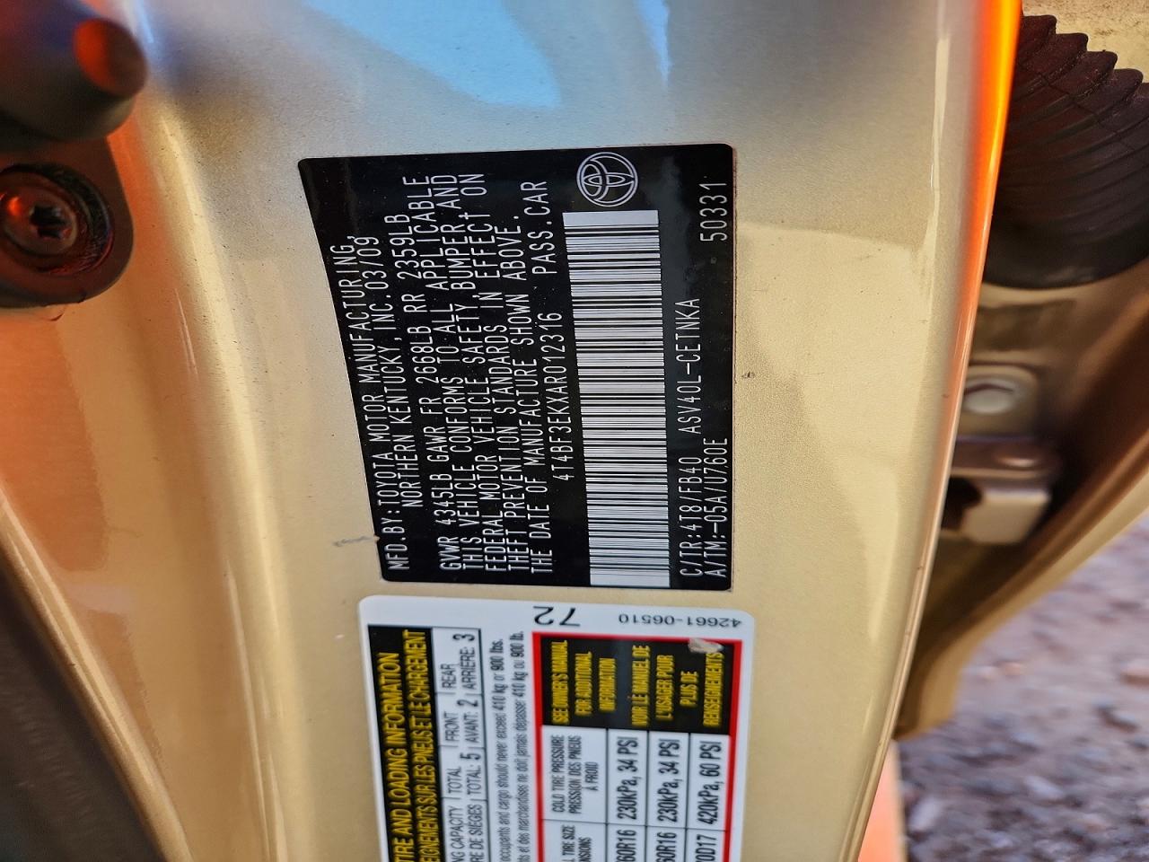 2010 TOYOTA CAMRY BASE photo 12