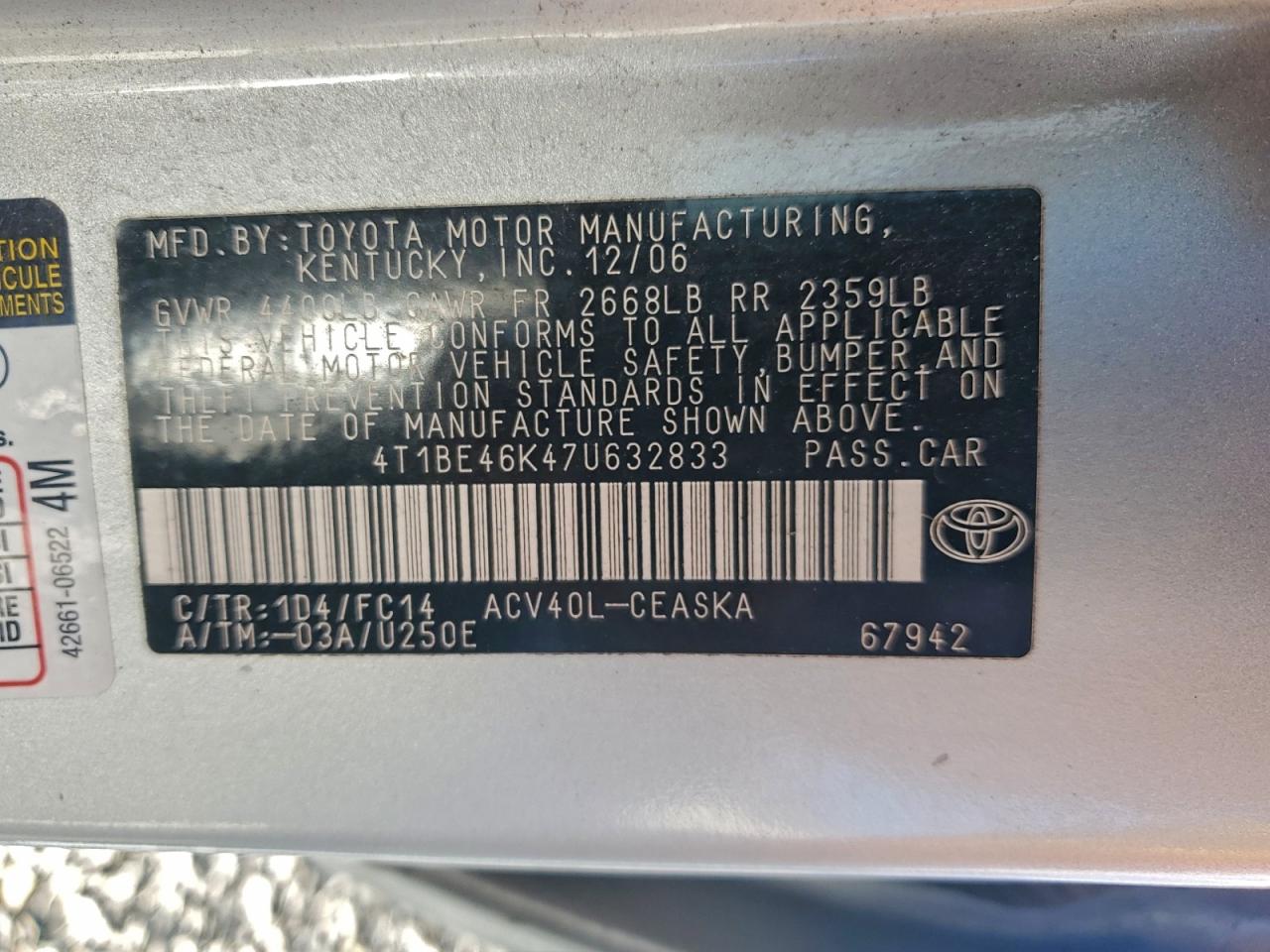 2007 TOYOTA CAMRY CE photo 12
