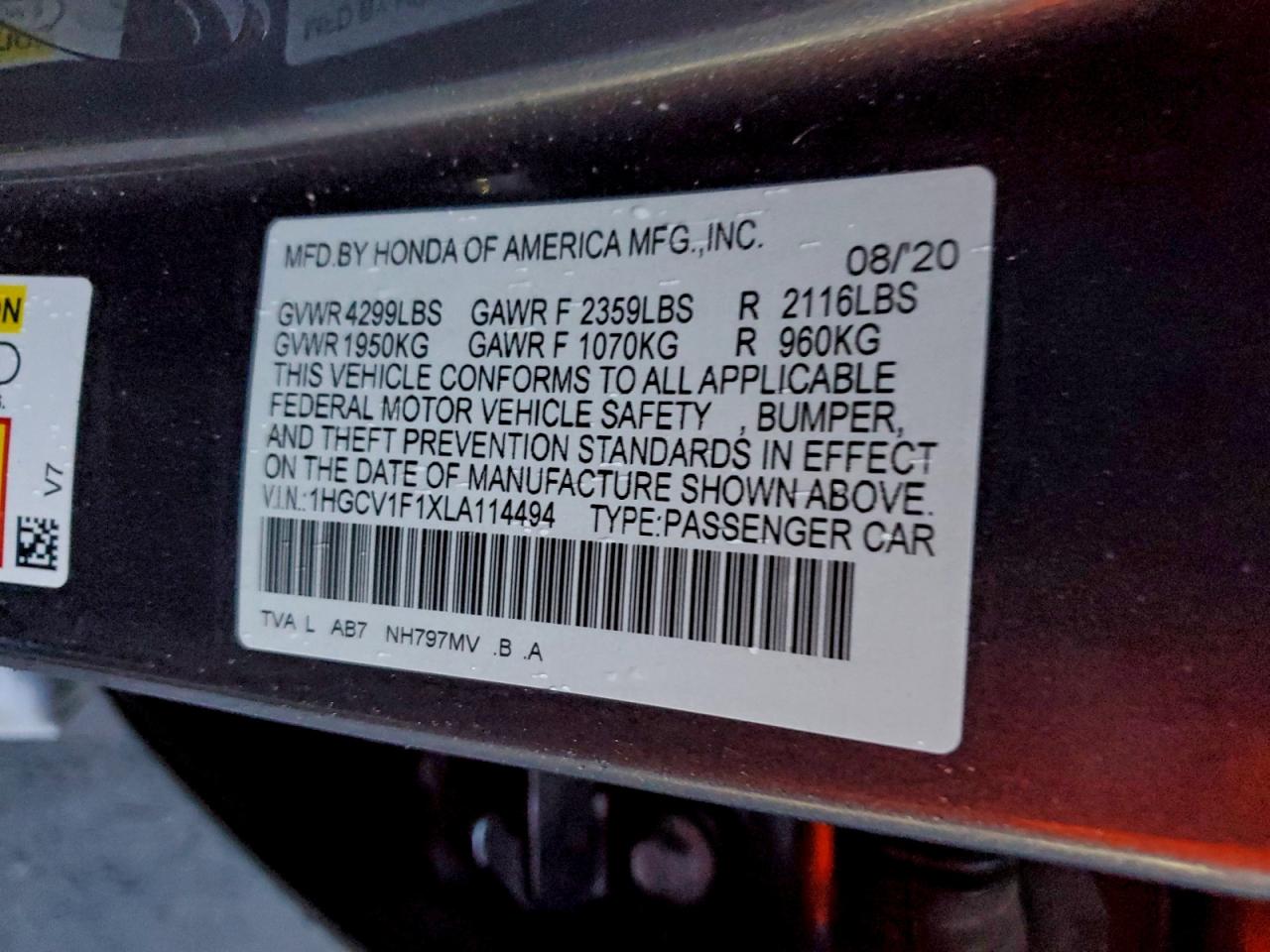 2020 HONDA ACCORD LX photo 12