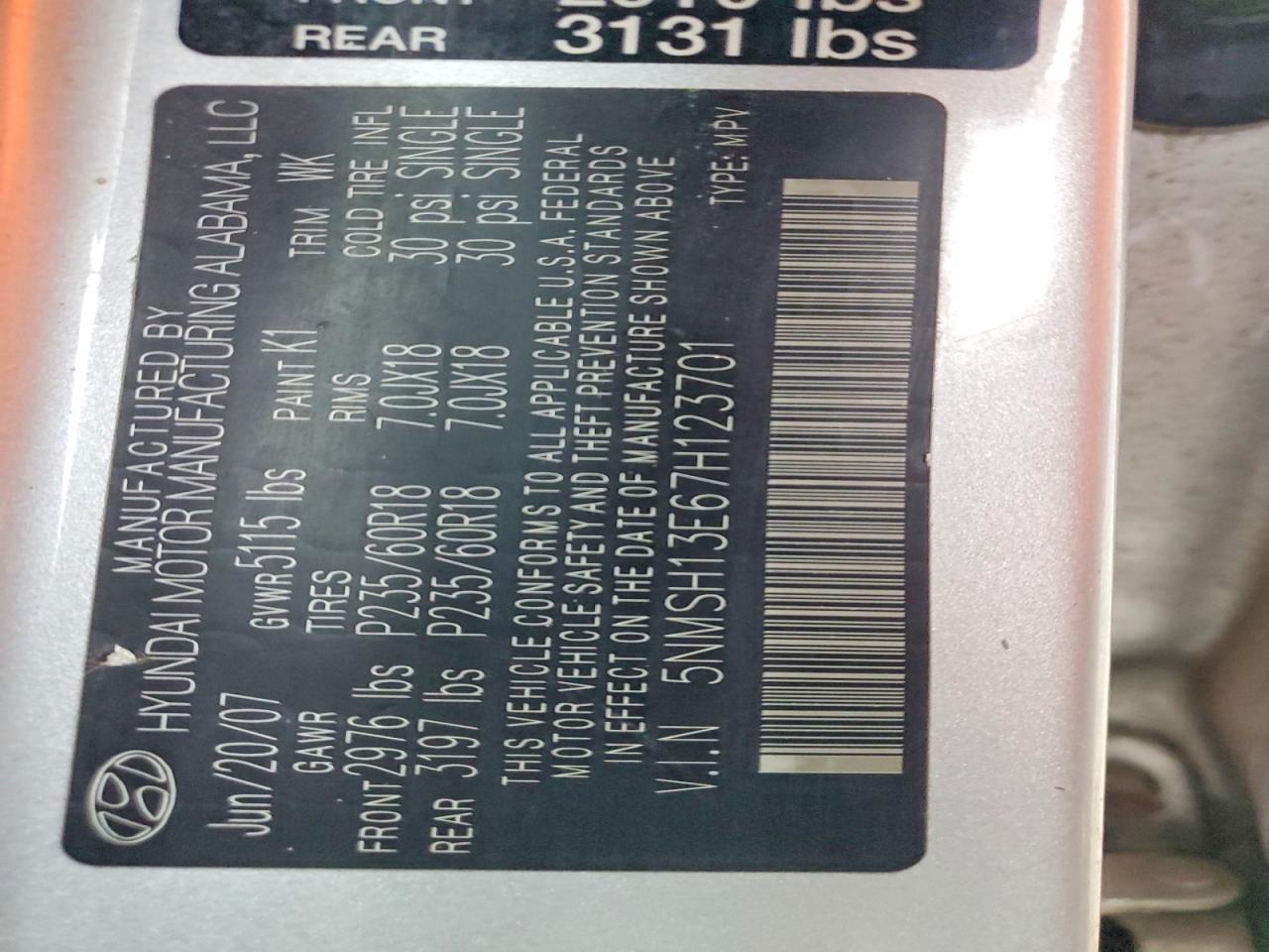 2007 HYUNDAI SANTA FE SE photo 13