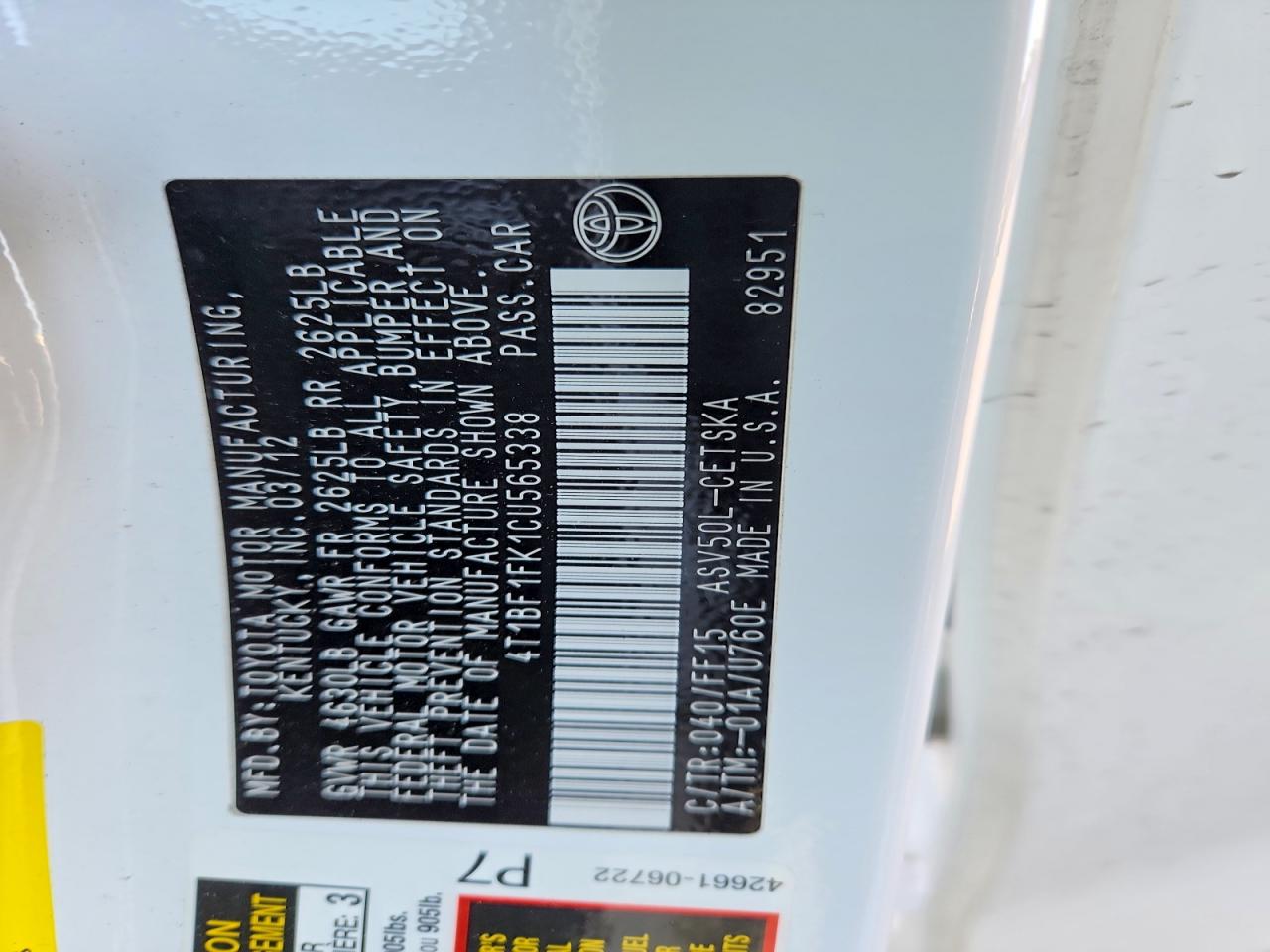 2012 TOYOTA CAMRY BASE photo 12