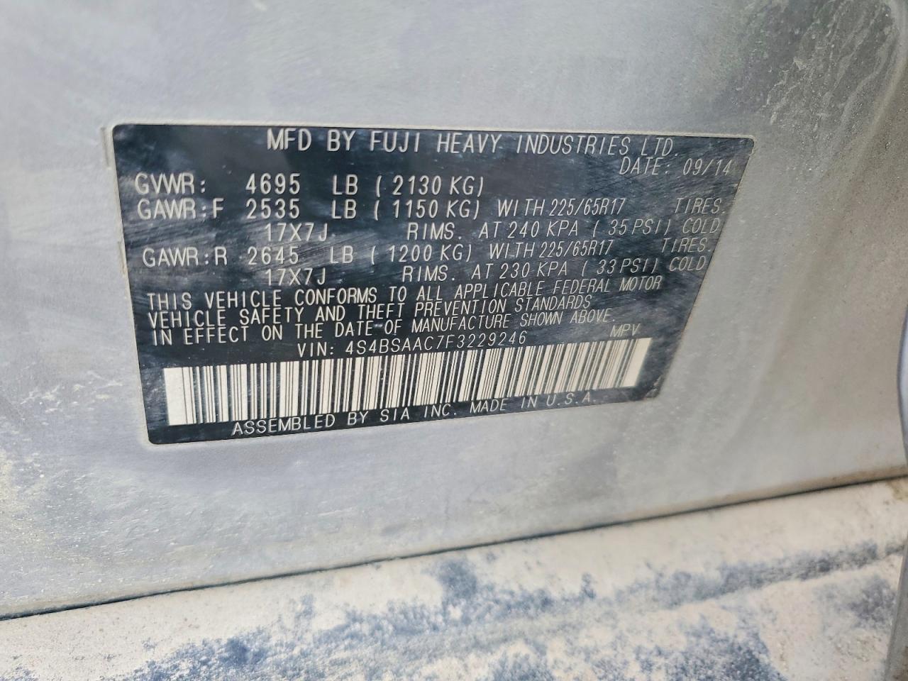 2015 SUBARU OUTBACK 2.5I photo 12
