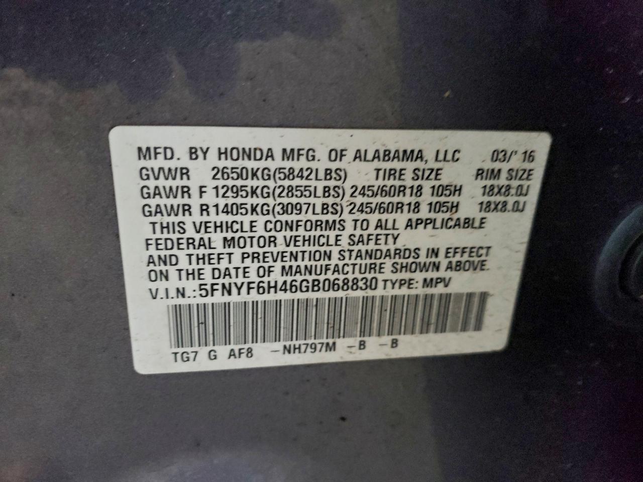 2016 HONDA PILOT EX photo 13