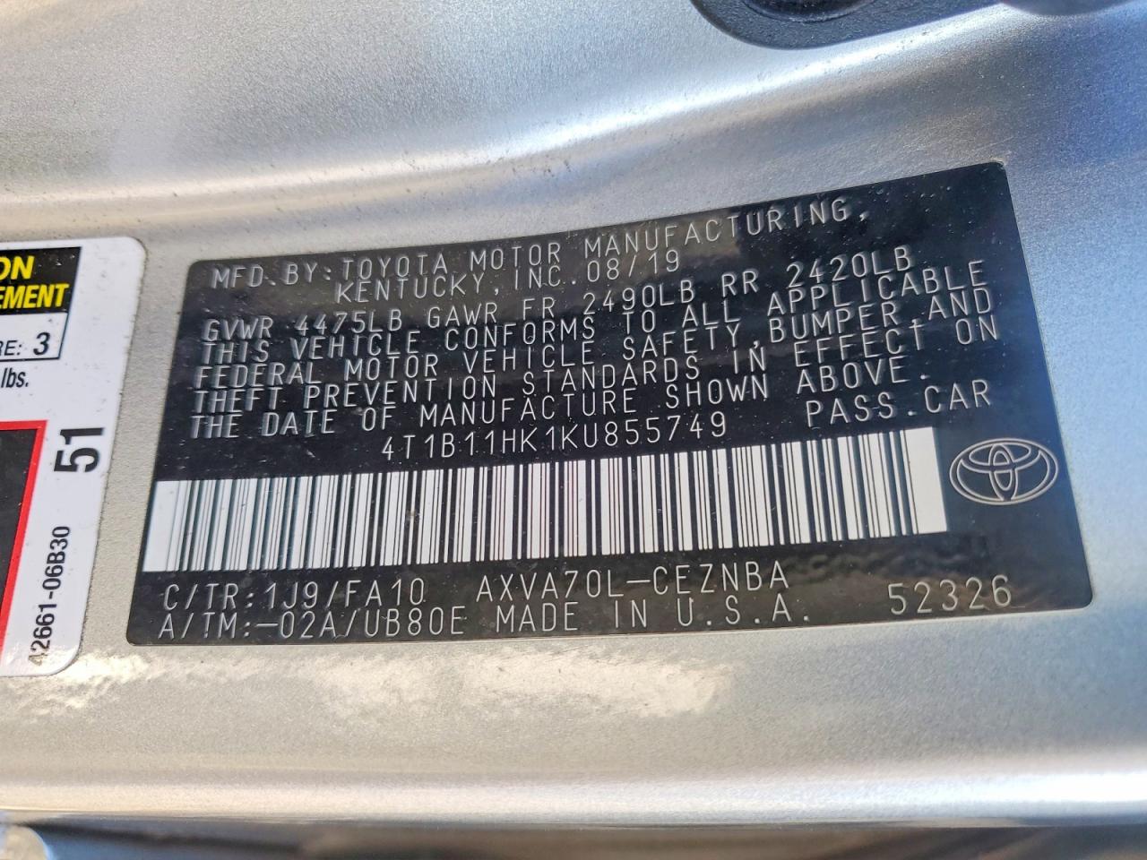2019 TOYOTA CAMRY L photo 12