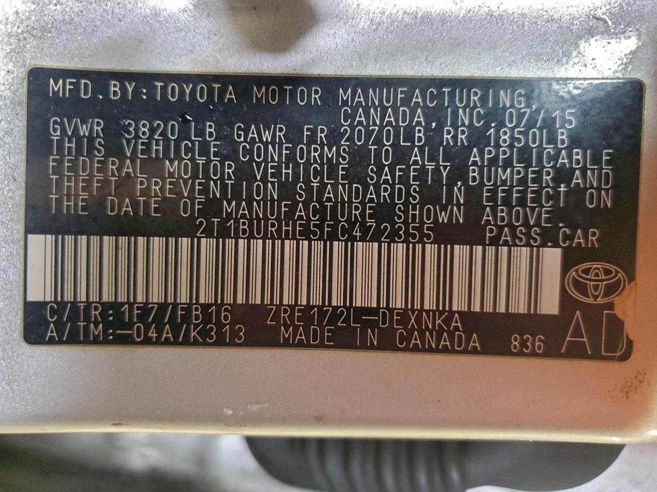 2015 TOYOTA COROLLA L photo 13