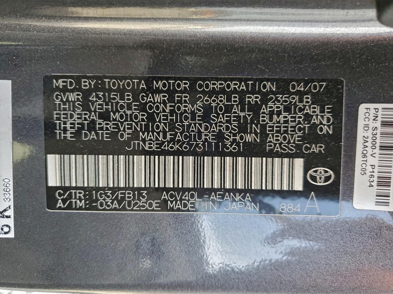 2007 TOYOTA CAMRY CE photo 12
