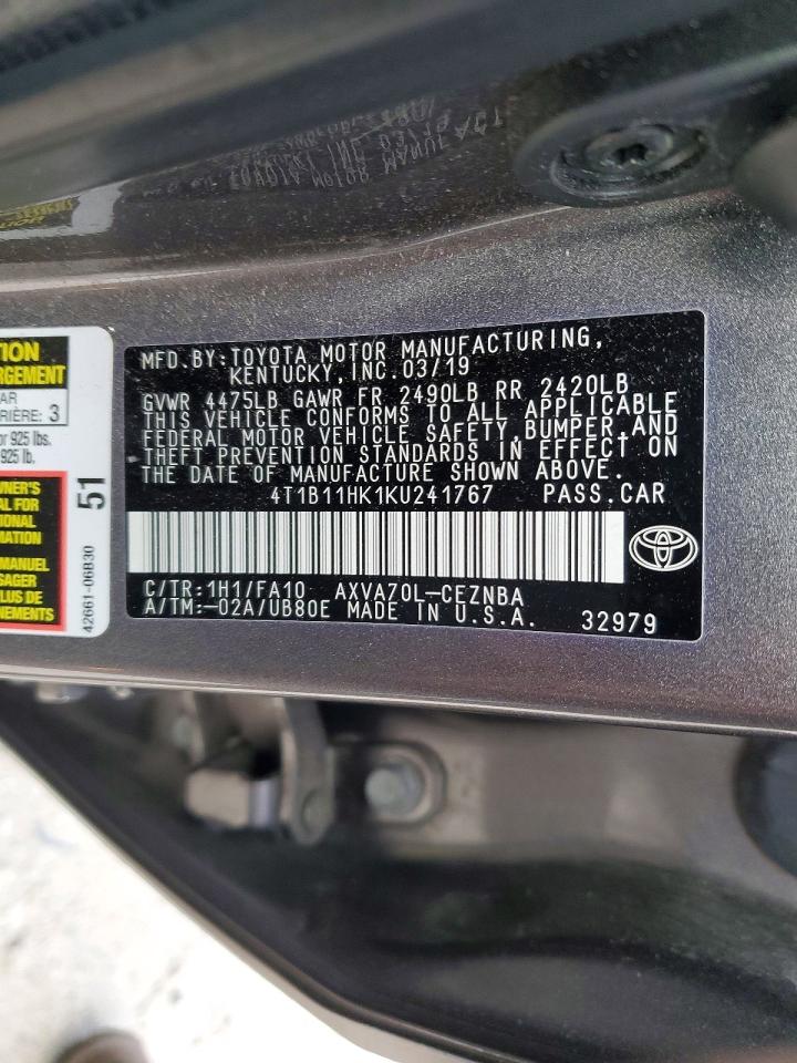 2019 TOYOTA CAMRY L photo 12
