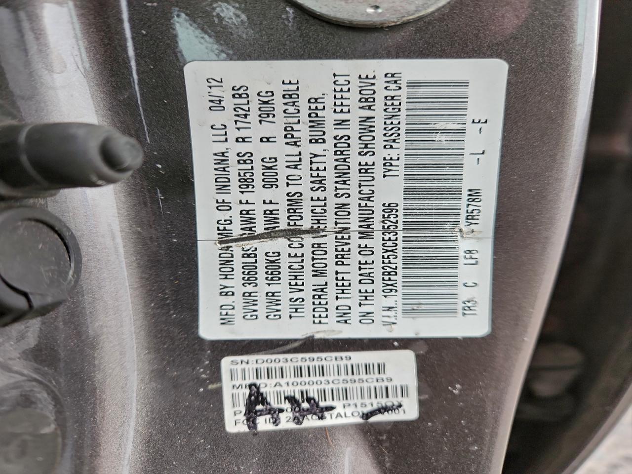 2012 HONDA CIVIC LX photo 12