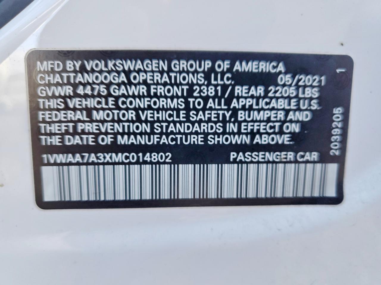 2021 VOLKSWAGEN PASSAT S photo 12