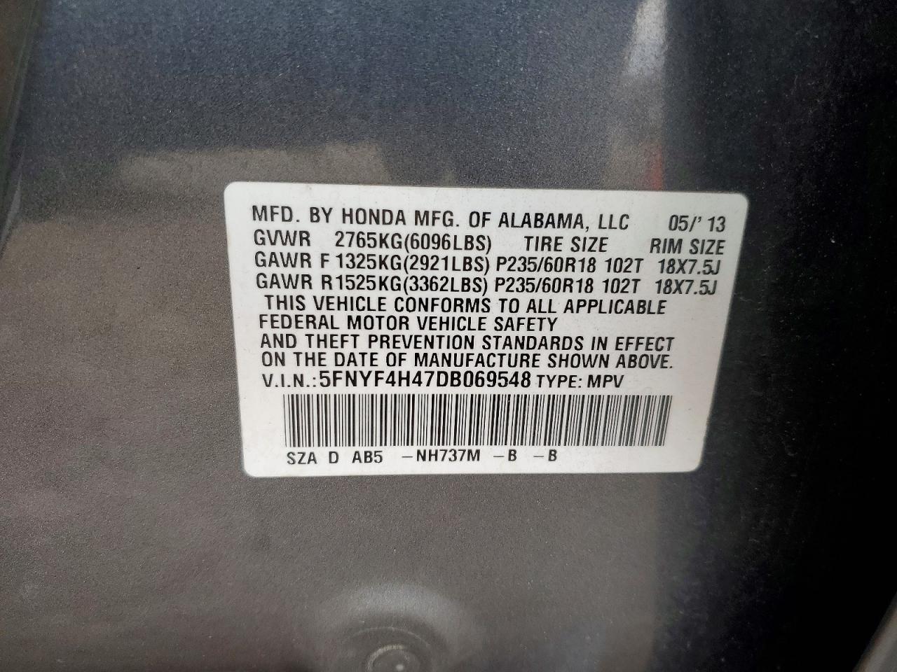 2013 HONDA PILOT EX photo 13