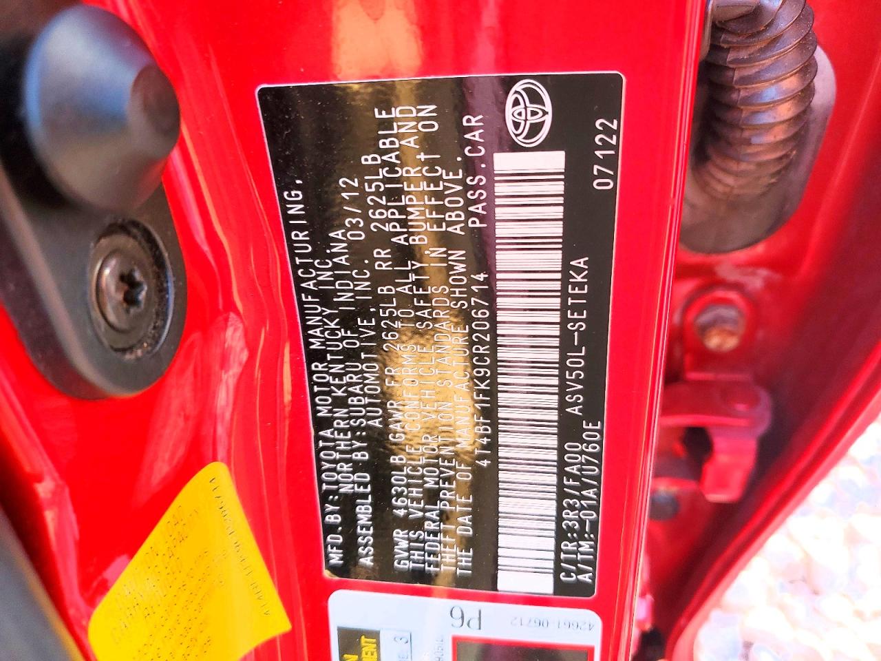2012 TOYOTA CAMRY BASE photo 12