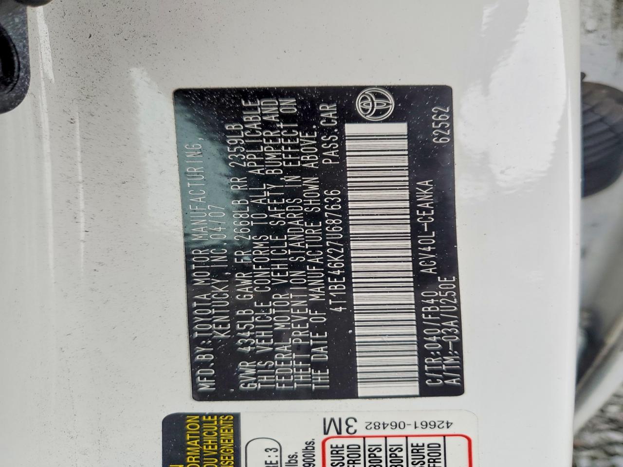 2007 TOYOTA CAMRY CE photo 12