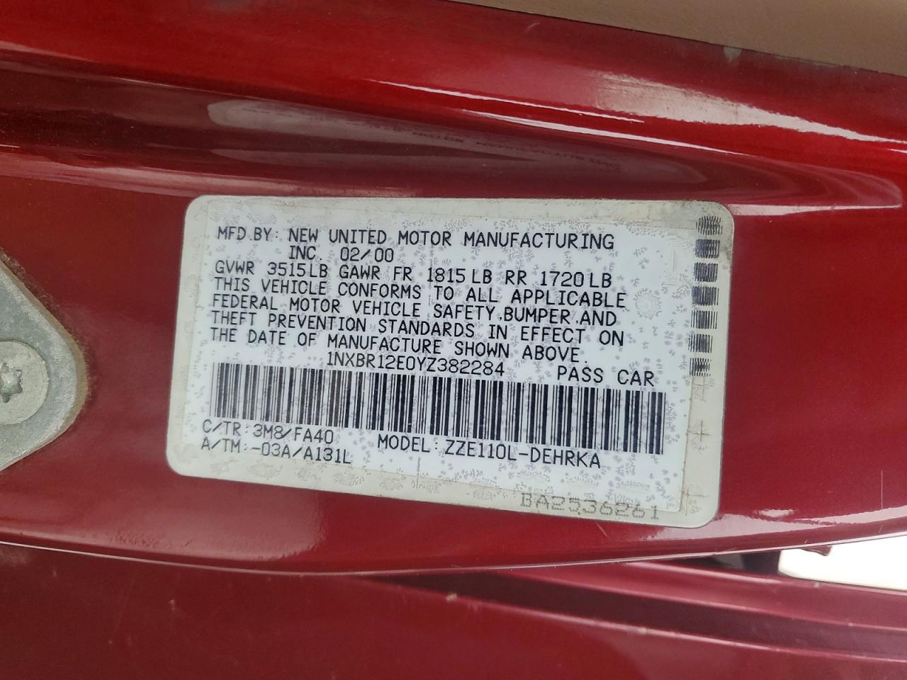 2000 TOYOTA COROLLA VE photo 12
