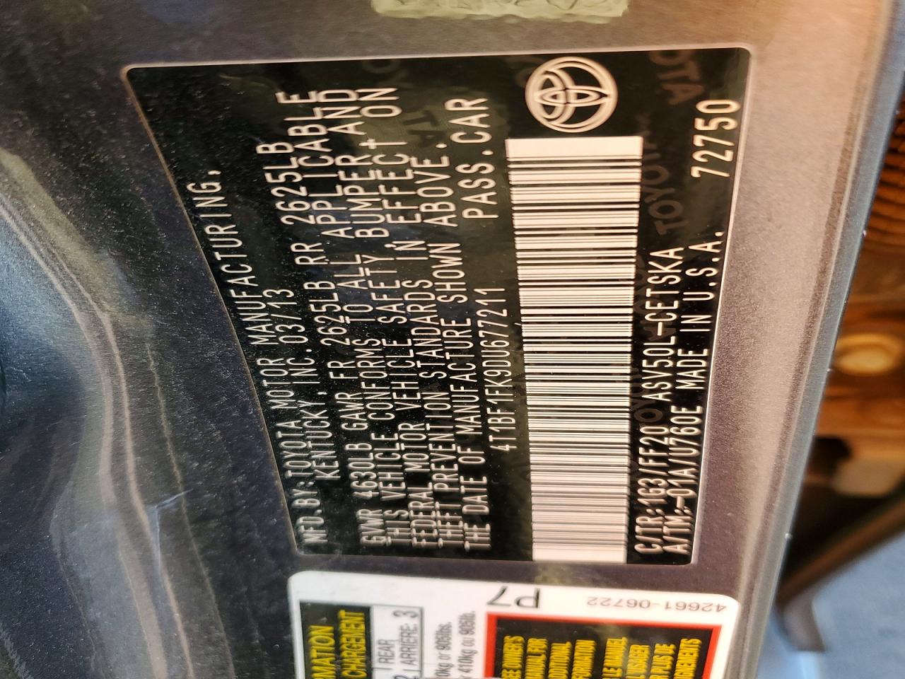 2013 TOYOTA CAMRY L photo 12